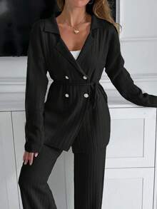 EURMUSE Handmade Stitch Embroidery Sweater And Pant Knit Set - Black - View 3