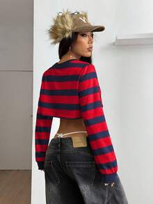 StreetHx Women's Colorblock Striped Cropped Crew Neck Sweatshirt - Multicolor - View 2
