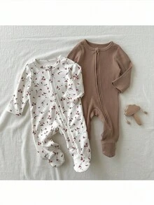 Loomiva Newborn Baby Boy/Girl Floral Print Soft Knit Crew Neck Long Sleeve Jumpsuit 2 Pieces Cute Zippered Multicolor Polyester Set Fall Winter - Multicolor - View 3