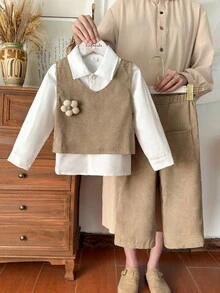 Vintaside Kids Young Girls 2pcs Set: Long Sleeve Shirt Vest With 3D Floral Decor And Loose Pants, Suitable For School, Daily Outings, Vacation - Multicolor - View 3