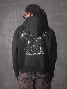 PAVTROS Manfinity Streetrush Men Rhinestone Black Hoodie, Halloween Party,Streetwear, 2000s Style , Fall Winter - Black - View 5