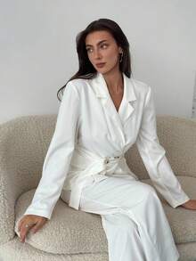 Aloruh Conjunto de traje casual de mujer con chaqueta de cuello solapa y pantalones de manga larga, unicolor, otoño - Beis - Ver 3