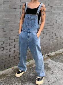 Manfinity Roghcode 男士休闲时尚街头学院风斜口袋宽松牛仔阔腿背带裤