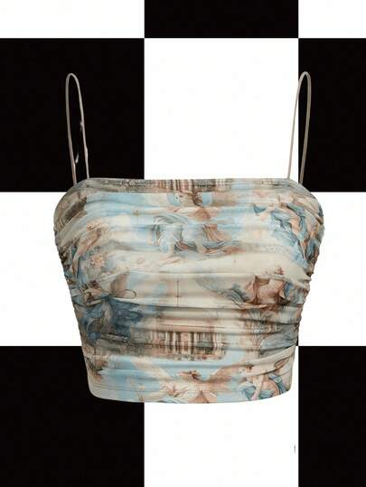 Y2Kool cha5rlie Top de tirantes de malla con estampado de estilo artístico y girlcore para mujer, ideal para verano, vacaciones, playa, festivales, looks de Ibiza, vestimenta occidental y salidas en otoño