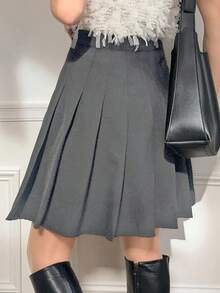 FRIFUL 女式黑色 A 字褶中长裙，学院风，夏季服装 - 灰色 - 查看 3