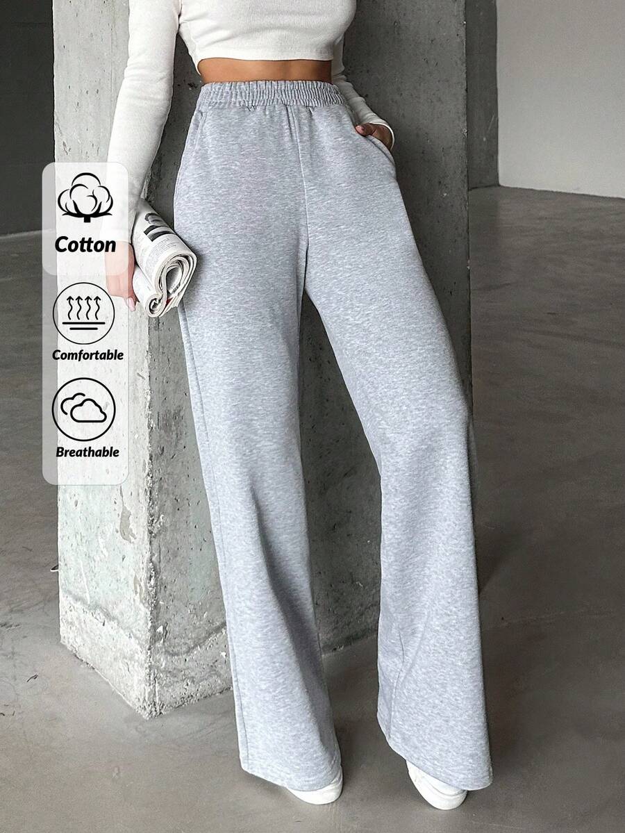 EURMUSE 棉质女式松紧腰阔腿裤 - 灰色 - 查看 1