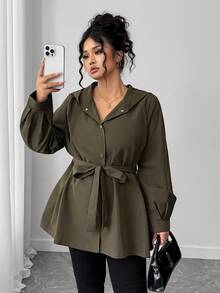 SHEIN Elenzya Plus Size Elegant Solid Color Hooded Jacket With Belt Winter Fall Autumn
