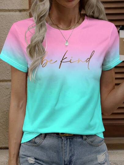 BamGleam Women's Summer Short Sleeve Letter Print Ombre Color Casual T-Shirt