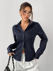 SHEIN EZwear Camisa de mujer de manga larga con rayas tejidas en azul marino, blusas de oficina para mujeres, camisa de rayas, camisas casuales de negocios para mujeres, camisas de oficina para mujeres