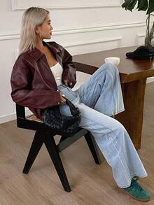 DAZY 秋冬新款宽松休闲PU酒红色女式夹克外套皮夹克 - 紅色 - 查看 5