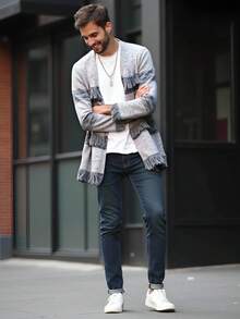 Manfinity Homme Cárdigan con parches de color contrastante y decoración con flecos para hombre, otoño e invierno - Gris - Ver 4
