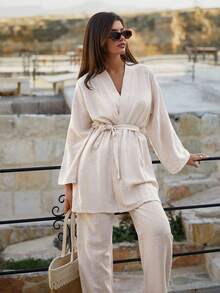 100%Cotton Sprecial Texture Cool Touche Linel Kimono Linen Pants Women Two Pieces Outfits - Beige - View 4