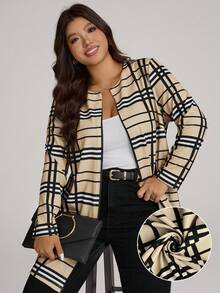 Comfylo Plus Size Women Open Front Plaid Print Casual Jacket, Autumn Outerwear Plus Size Fall Clothes Fall Women Clothes Fall Clothes Plus Size Fall Outfits For Women  Fall Outfits Women Winter