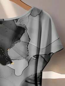 Mellowie Teacher's Day Back To School Season Plus Size Women's Halloween Retro Marble Water Ripple Pattern Bat Sleeve Side Knot Top And Black Solid Color Pants Two Pieces Suit, Suitable For Bride Mother To Attend Halloween Music Festival