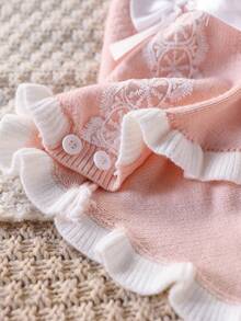 SHEIN Body de punto con ribete de encaje para bebé niña, body de manga larga, decoración de lazo adorable, versátil para uso diario, adecuado para otoño/invierno - Rosa - Ver 5