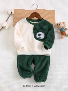 Cozy Pixies 2pcs Baby Boy Cartoon Bear Pattern Contrast Color Round Neck Drop Shoulder Hoodie And Jogger Pants Set Fall Winter - Dark Green - View 3
