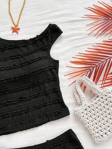 Soleia 女士度假春夏两件套：红白条纹针织不对称肩部短款上衣和超低腰紧身短裤，适合派对、圣诞节、情人节、约会、海滩、游轮、狂欢节、复活节 - 黑色 - 查看 4