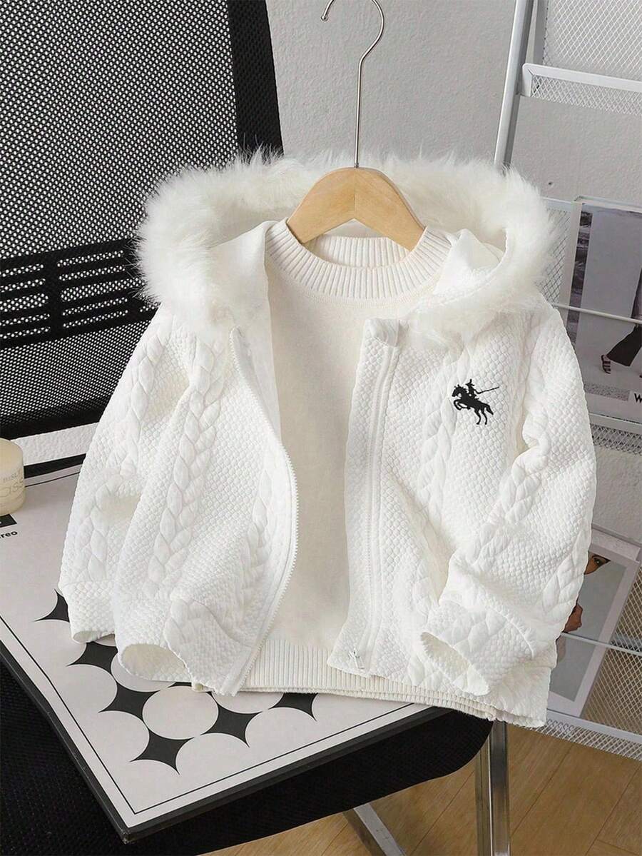 SHEIN Young Girl' Embroidered Decor Hooded Long Sleeve Jacket - White - View 1