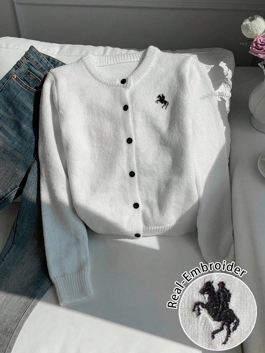 Comfortcana Casual Minimalist Horse Embroidery Pattern Front Button Knit White Cardigan Sweater For Women, Fall/Winter Clothing, New Arrival Knit Cardigan Sweater