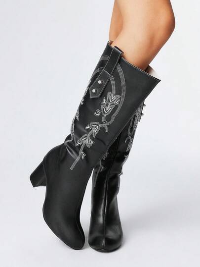 Fairycore Stivali neri sopra il ginocchio da donna in PU con motivo ricamato, stile western