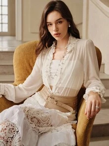 Savoree Women's Elegant Handmade Floral Collar Decorative Loose Lightweight Long Sleeve Shirt, Autumn Winter,Long Sleeve Tops