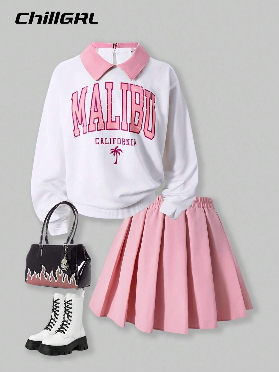 SHEIN Explorewe 2pcs/Set Tween Girls2 In 1 Polo Collar Sweatshirt And Skirt Outfit - Pink - View 1