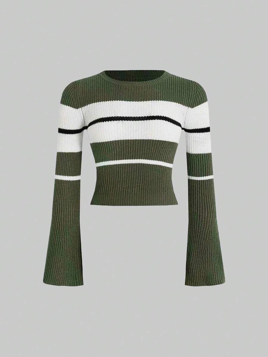 SHEIN Unity 女式条纹圆领长袖短款修身毛衣，秋冬，长袖上衣 - 綠色 - 查看 1