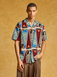 HARRY POTTER X SHEIN 男士休闲时尚街头度假风格全印花翻领短袖宽松衬衫，夏季 - 彩色 - 查看 3