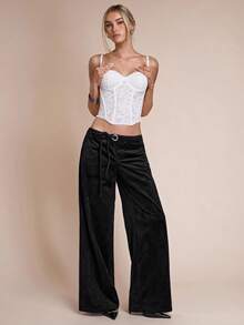 SHEIN BAE Quần ống rộng nhung rộng rãi - màu đen - Xem 1