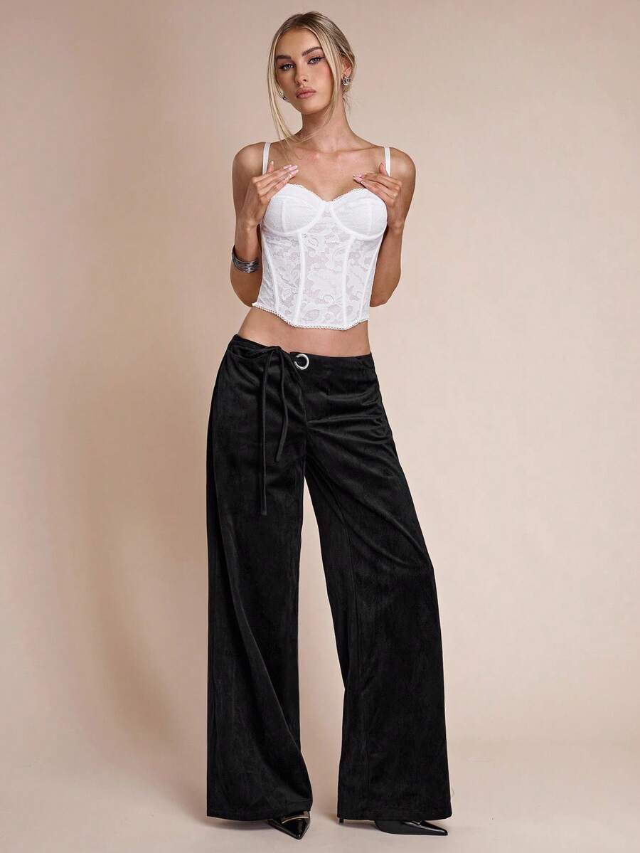 SHEIN BAE Quần ống rộng nhung rộng rãi - màu đen - Xem 1