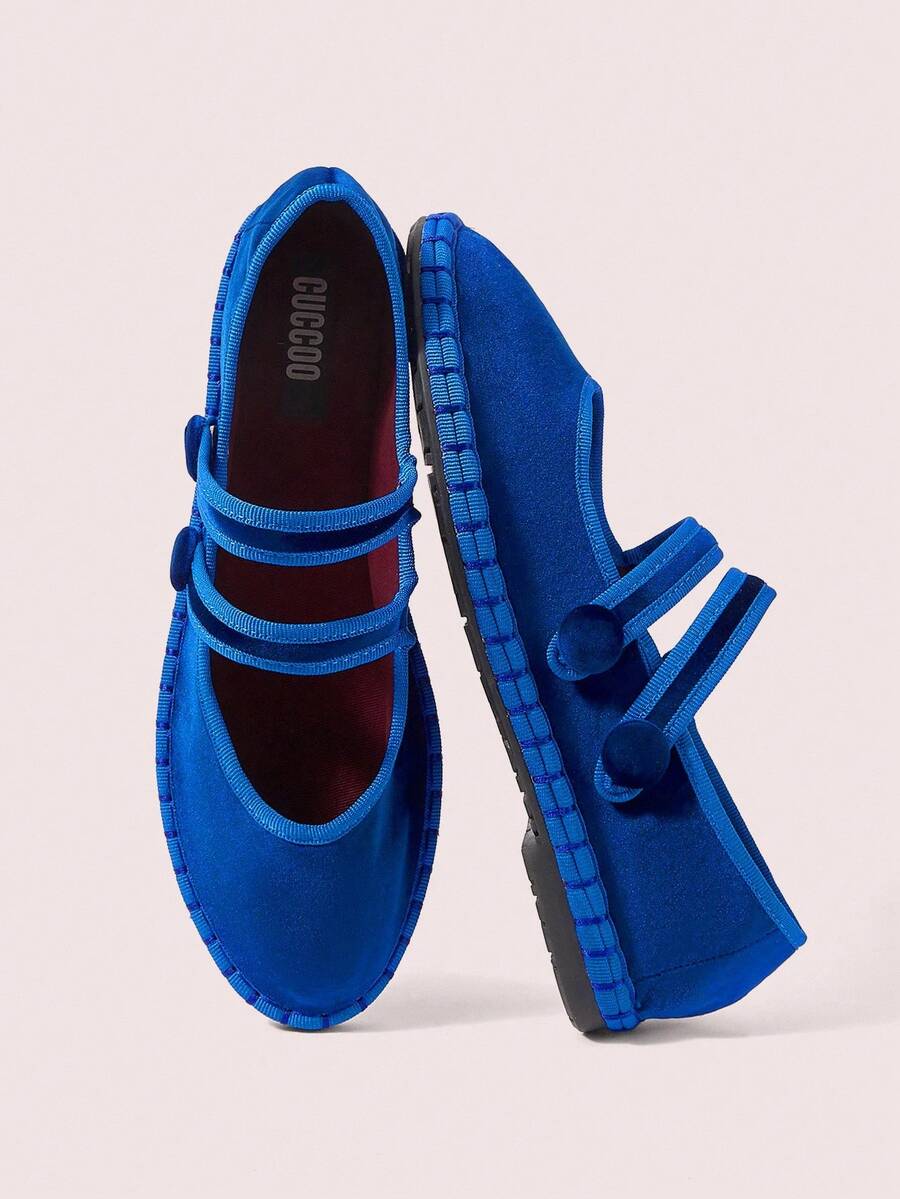 CUCCOO DOLLMOD Women's Navy Blue Elegant Velvet Classic Comfortable Velvet Parallel Double Strap Mary Jane Flat Shoes - Royal Blue - View 1