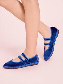 CUCCOO DOLLMOD Women's Navy Blue Elegant Velvet Classic Comfortable Velvet Parallel Double Strap Mary Jane Flat Shoes - Royal Blue - View 7