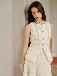 SHEIN Unity Bộ 2 món: Áo khoác cardigan không tay họa tiết hoa jacquard thanh lịch và chân váy - Màu be - Xem 6