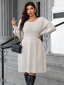 SHEIN Clasi 大码优雅米色灯笼袖镂空毛衣裙 - 米色 - 查看 5