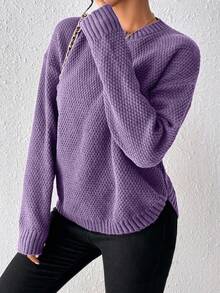 EMERY ROSE Women's Solid Color Round Neck Drop Shoulder Long Sleeve Casual Pullover Sweater, Autumn - Purple - View 3