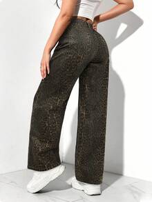 SHEIN PETITE Women's Casual Fashion Street Leopard Print Loose Wide-Leg Jeans - Multicolor - View 2