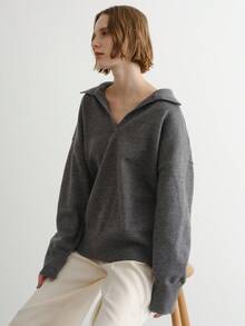 FRIFUL Women's Solid Dark Gray Turndown Collar Dropped Shoulder Long Sleeve Loose Casual Pullover Sweater, Autumn/Winter - Grey - View 4