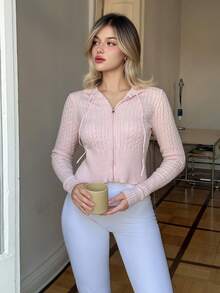 DAZY Women's Autumn/Winter Textured Cable Knit Patchwork Fitted Hoodie Sweatshirt, Casual Sexy Cardigan - Pink - View 9