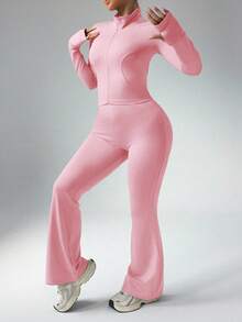 Easithlete Ensemble 2 pièces femme grande taille, veste zippée décontractée avec trou pour le pouce et pantalon évasé taille haute, ensemble rose. Ensemble rose 2 pièces femme, costume rose femme, ensemble rose 2 pièces femme, tenue rose 2 pièces femme, pantalon rose femme, ensemble rose femme, survêtement rose, ensemble 2 pièces rose, Top manches longues rose et ensemble pantalon