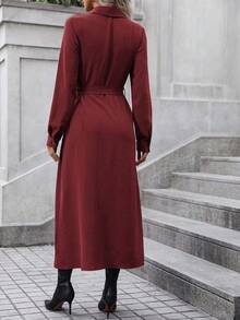 EMERY ROSE Solid Button Front Belted Shirt Dress Maxi Women Outfit - Burgundy - View 2