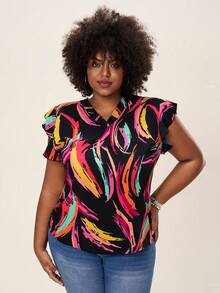 Comfylo SHEINLUNE 大码女式 V 领泼墨艺术效果飘逸袖衬衫 - 彩色 - 查看 4