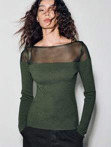 Lumivelle Women's Elegant Fashionable Minimalist Versatile Fitted Organza Semi-Sheer Off Shoulder Sweater, Autumn/Winter Fall Cloth For Women - Army Green - View 3