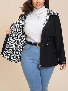 Comfylo Plus Size Hooded Drawstring Waist Casual Versatile Jacket Winter For Women Fall For Women Women's Winter Jacket Chic Women's Jacket Women's Winter Jacket Chic Women's Jacket Autumn Winter Zip Up Hoodie For Women Female Country Look Going Out Tops Going Out Winter - Black - View 5