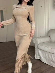 Feyla Women's Round Neck Hollow Out Fashionable Fitted Fringed Dress - Apricot - View 1