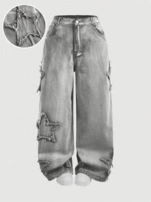 SHEIN MOD Plus Size Grey Pentagram Patch Casual Fashion Straight Leg Jeans/Winter