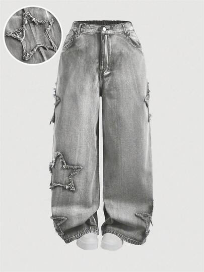 SHEIN MOD Plus Size Grey Pentagram Patch Casual Fashion Straight Leg Jeans/Winter