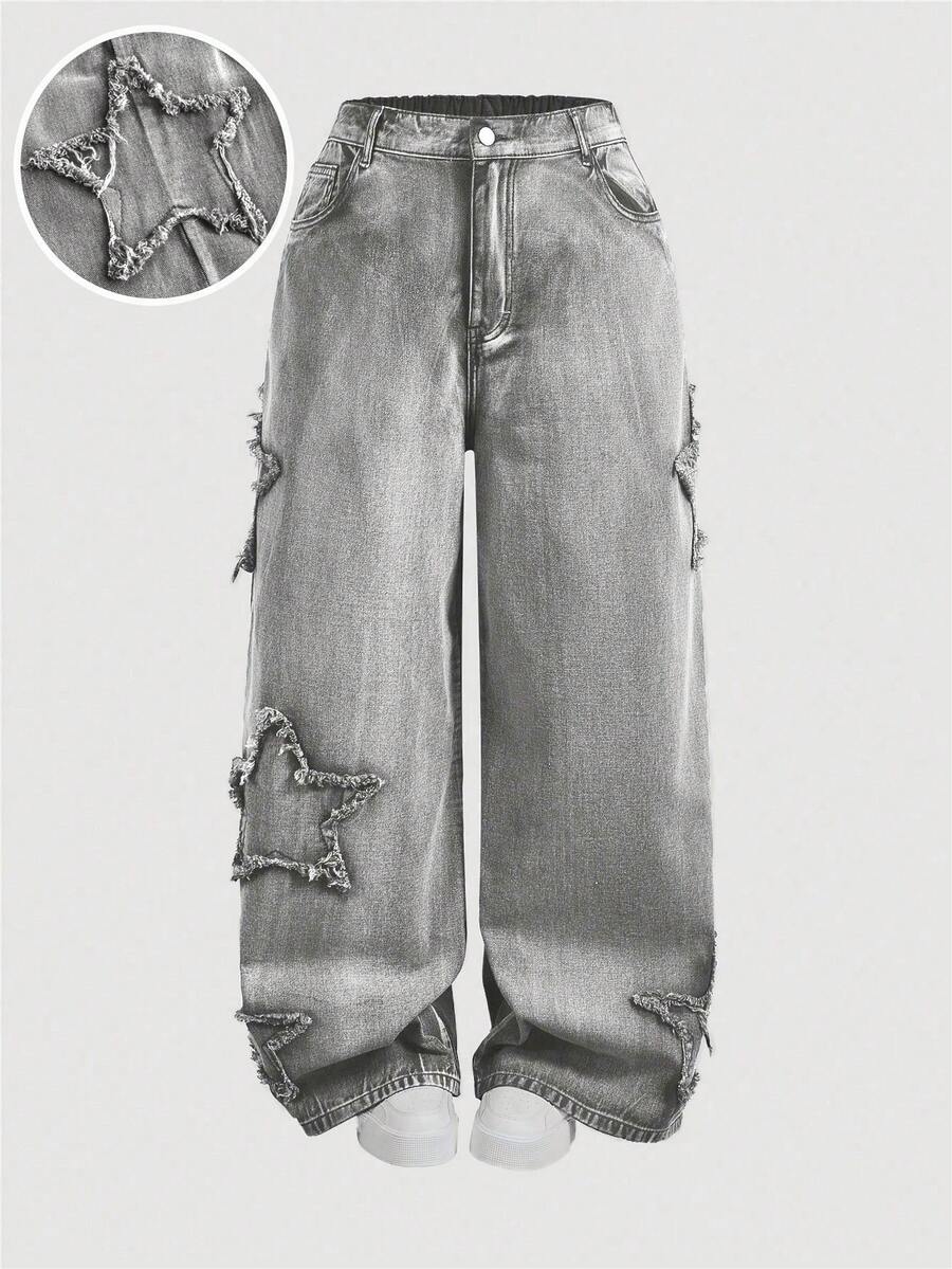 SHEIN MOD Plus Size Grey Pentagram Patch Casual Fashion Straight Leg Jeans/Winter