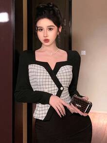 DAZY Áo cánh tay dài họa tiết kẻ caro đính nút kim loại bất đối xứng dành cho nữ, phù hợp cho tiệc tùng, đám cưới, xuân/hè/thu - màu đen - Xem 10