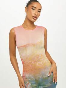 SUMWON WOMEN 水彩网眼吊带迷你连衣裙 无袖夏季派对晚宴艺术印花修身包臀时尚前卫设计 - 彩色 - 查看 6