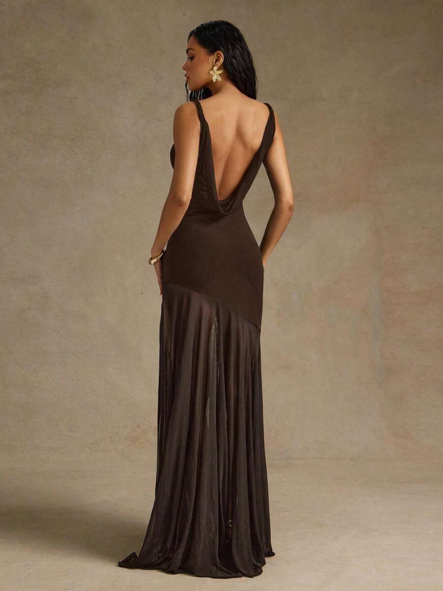 Hauture Women's Sexy Casual Twisted Shoulder With Side Slit See Through Hem Low Back Mesh Dress - Brown - View 1